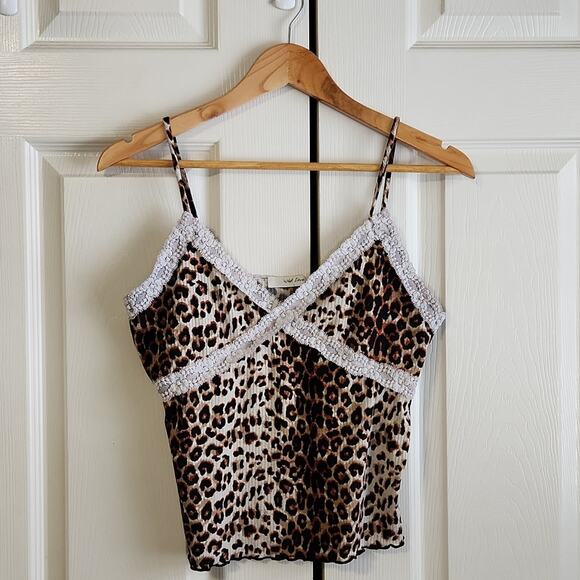 Vintage Wild Love Women's Leopard Print Cropped Tank Top Size Med Lace Coquette - Picture 1 of 8